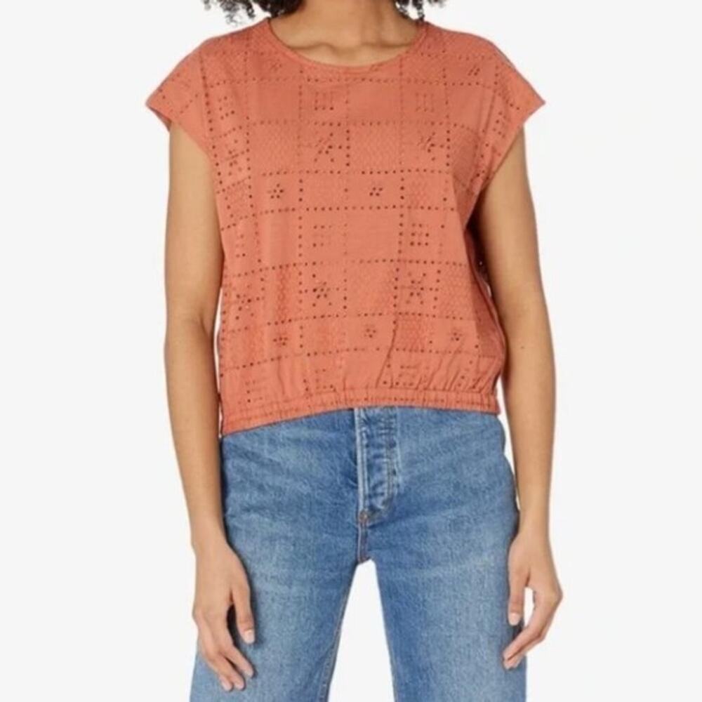 Madewell Per Se Eyelet Embroidered Checkerboard Top XL | Terracotta Bubble Hem